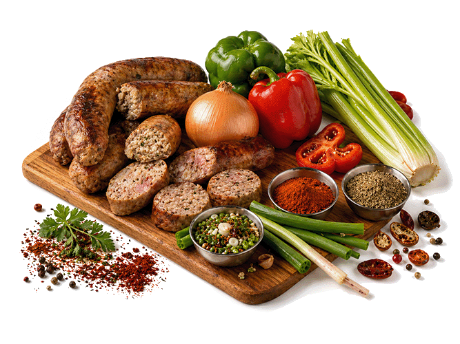 Boudin, andouille, onions, peppers, celery, green onions, and Cajun spices on a cutting board