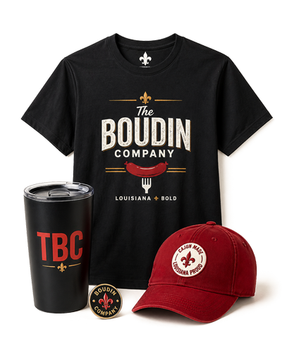 TBC Goods merchandise collection with shirt, tumbler, cap, and pin